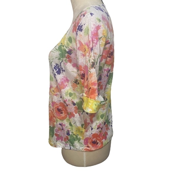 Lauren Ralph Lauren Linen Scoop Neck Multi-Colored Short  Sleeve Floral Top PM - Picture 3 of 5